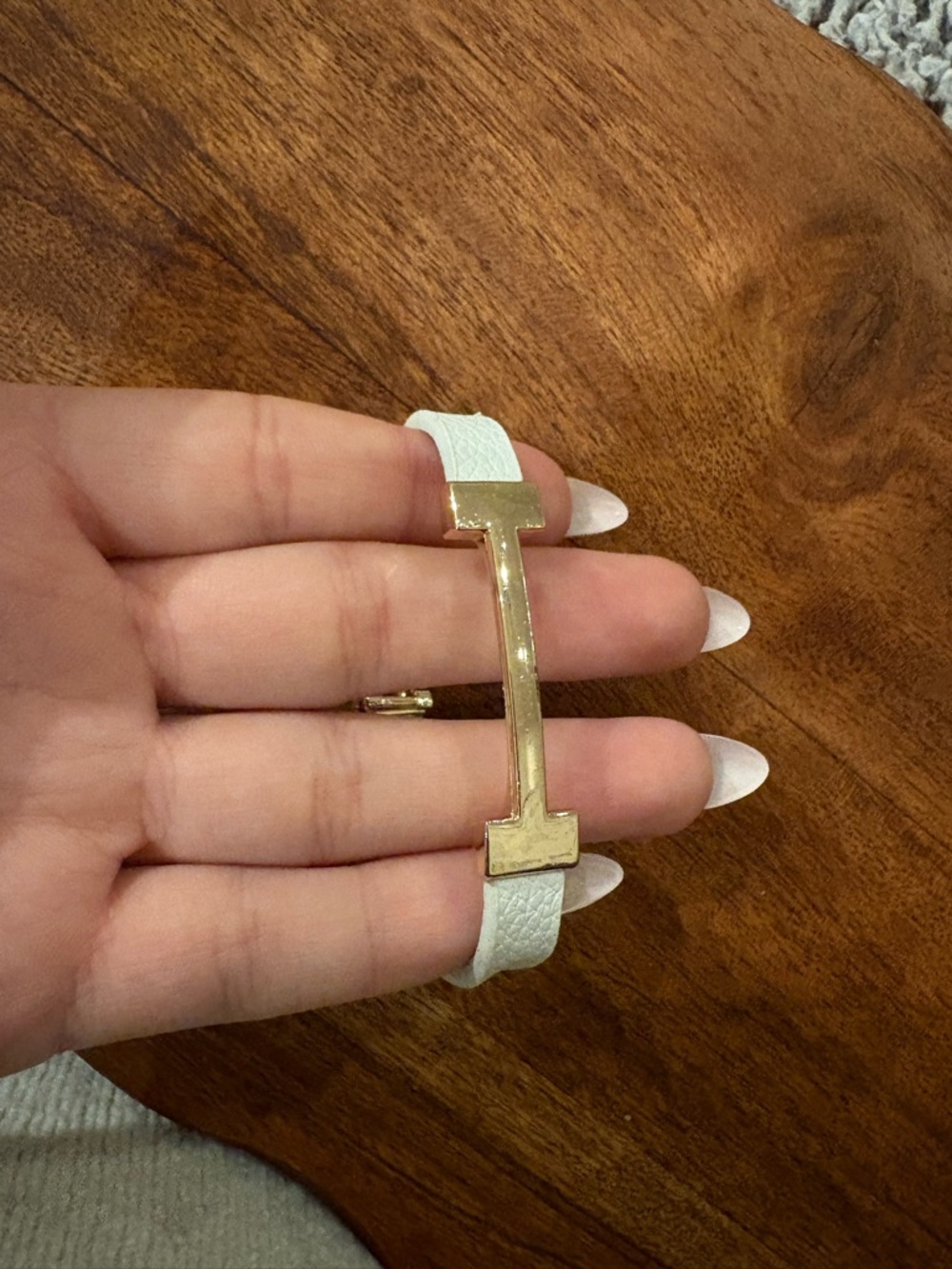 White Leather Bracelet with Gold Bar Accent